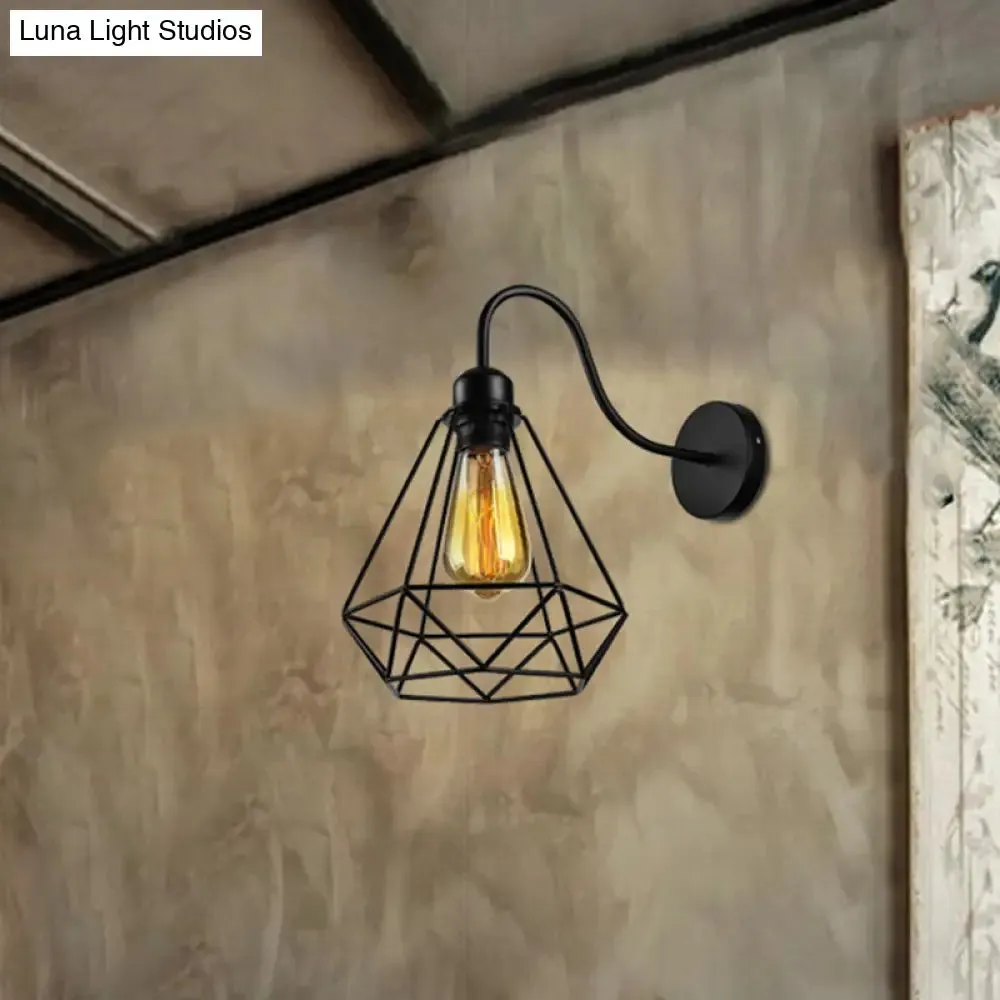Vintage Industrial Metal Cage Wall Sconce - Square/Diamond Design, Black Finish