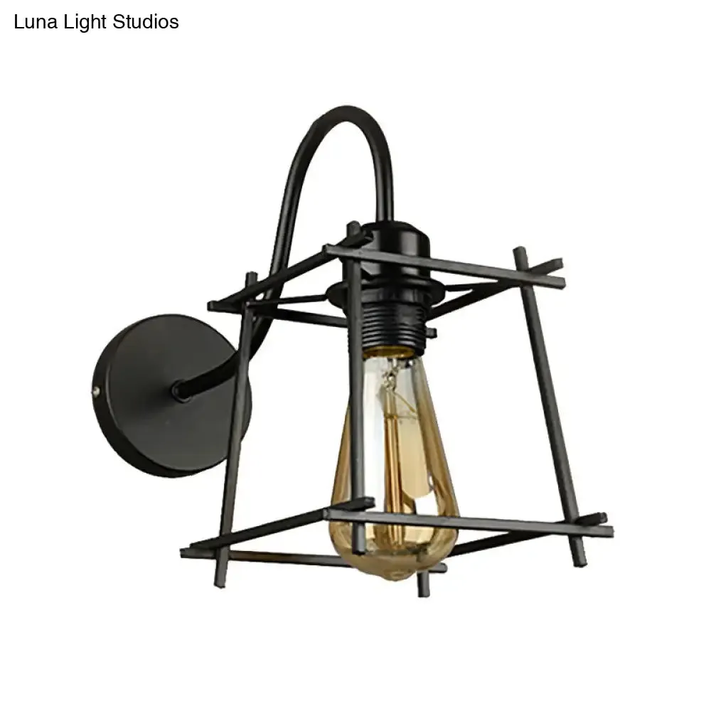 Vintage Industrial Metal Cage Wall Sconce - Square/Diamond Design, Black Finish