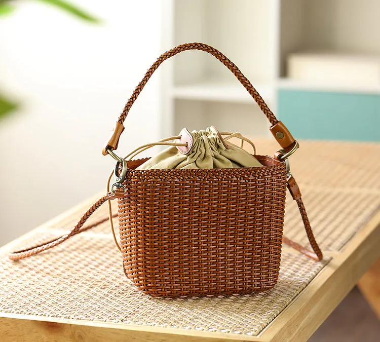 Womens Woven Genuine Leather Bucket Bags Top Handle Handbag