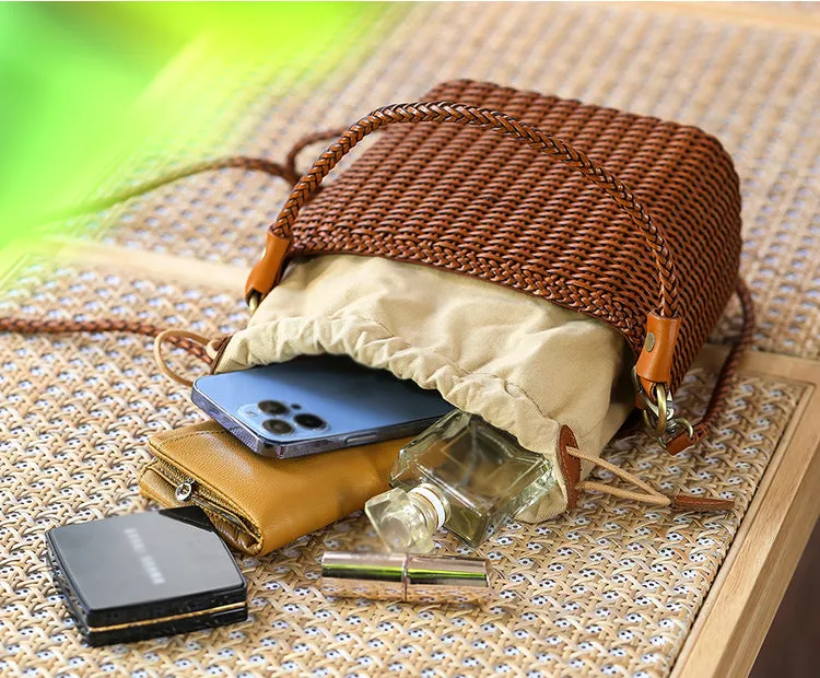 Womens Woven Genuine Leather Bucket Bags Top Handle Handbag