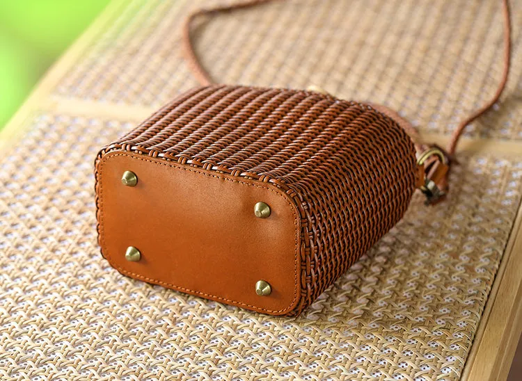 Womens Woven Genuine Leather Bucket Bags Top Handle Handbag