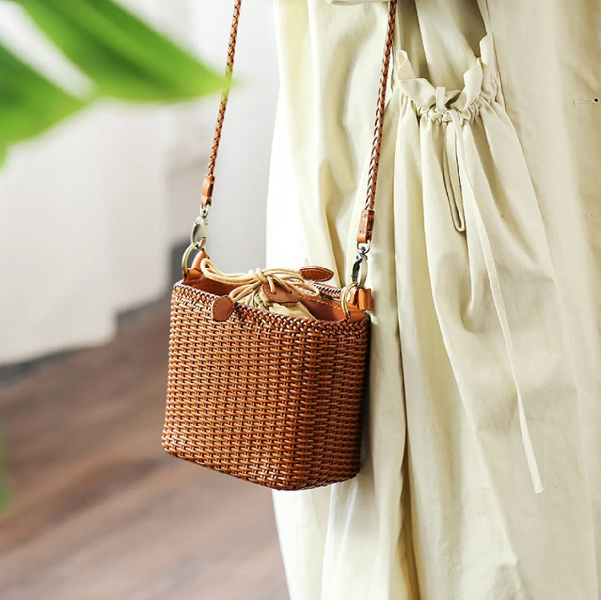 Womens Woven Genuine Leather Bucket Bags Top Handle Handbag