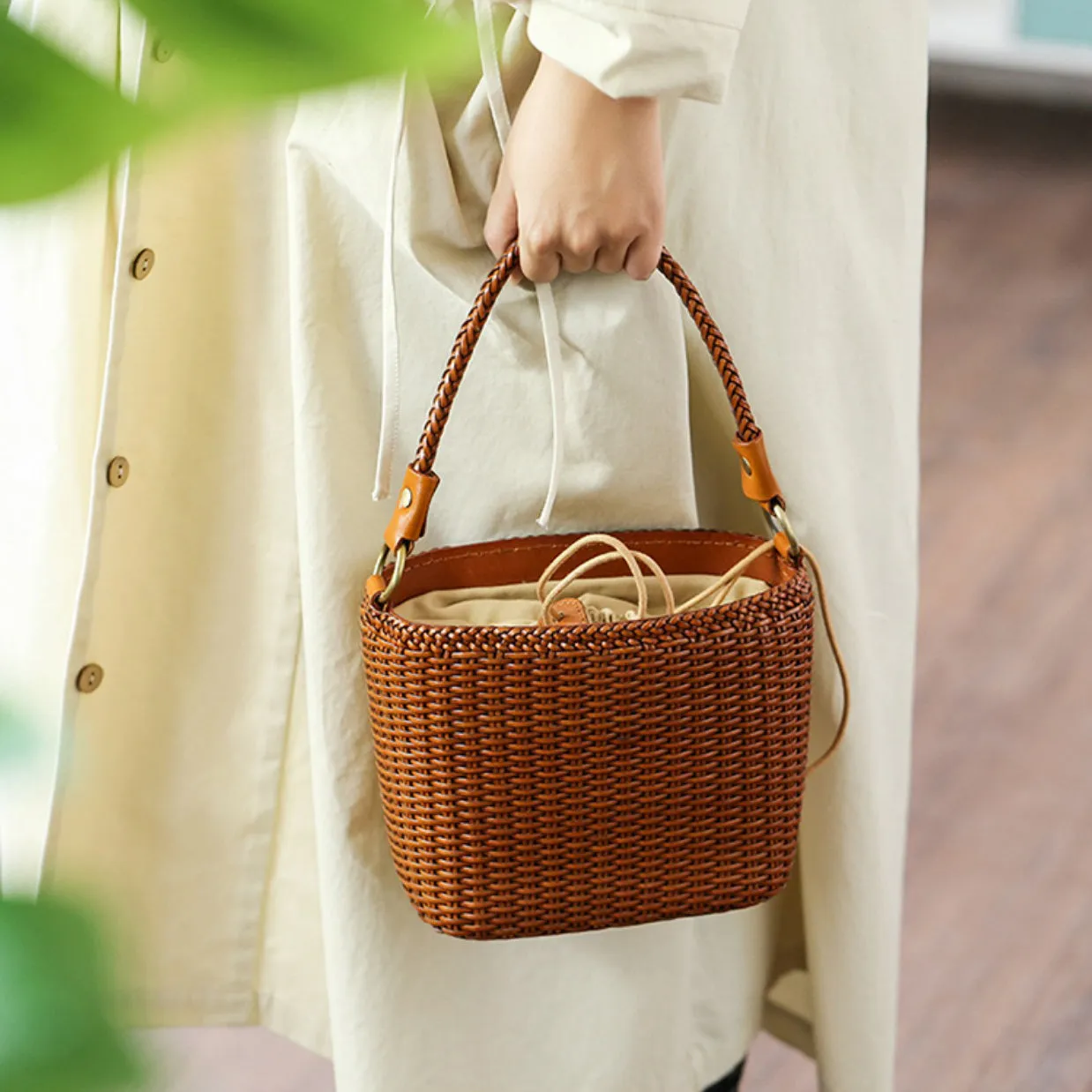 Womens Woven Genuine Leather Bucket Bags Top Handle Handbag
