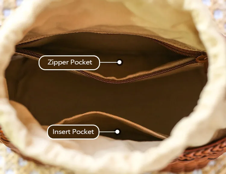 Womens Woven Genuine Leather Bucket Bags Top Handle Handbag