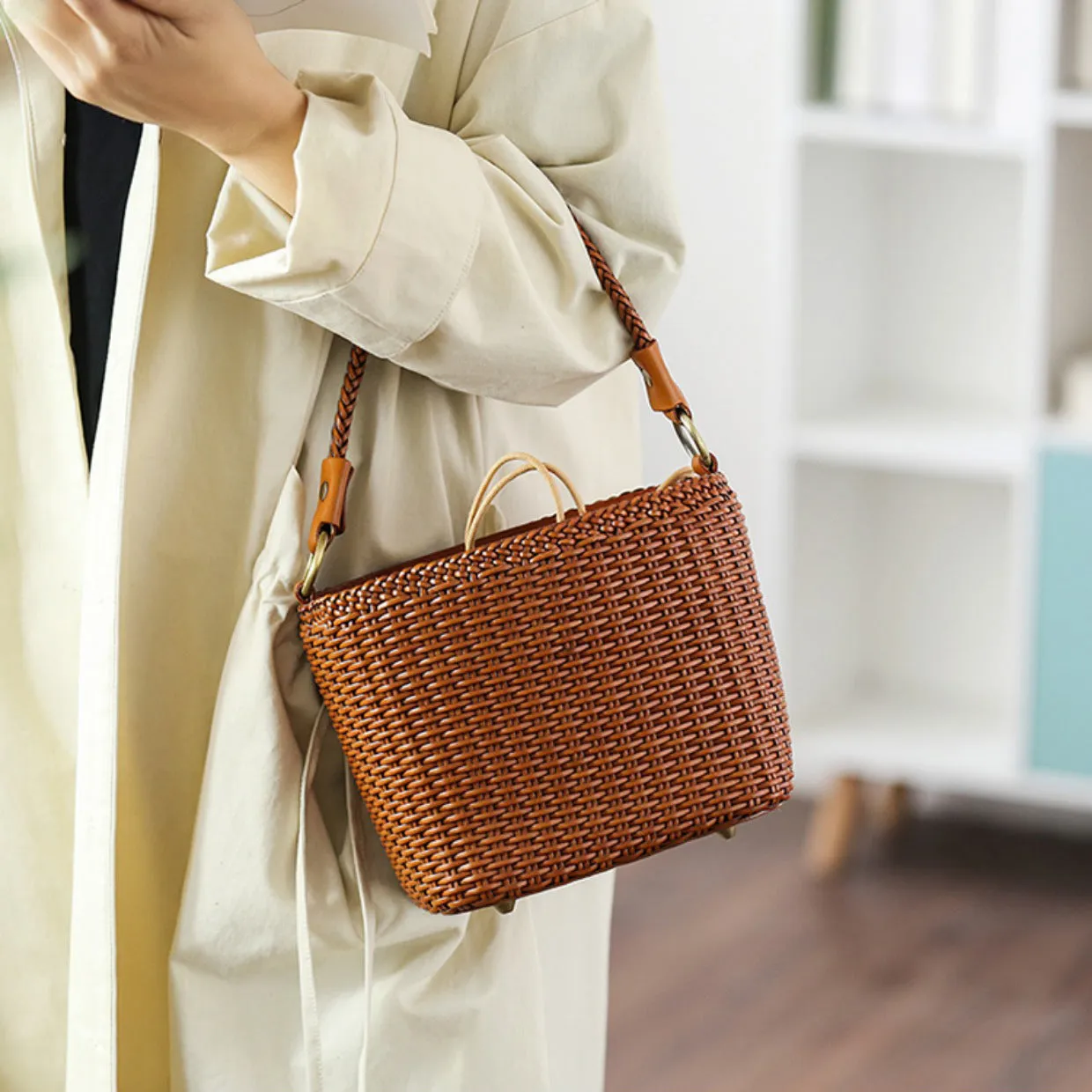 Womens Woven Genuine Leather Bucket Bags Top Handle Handbag
