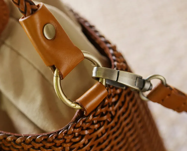 Womens Woven Genuine Leather Bucket Bags Top Handle Handbag
