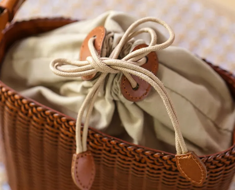 Womens Woven Genuine Leather Bucket Bags Top Handle Handbag