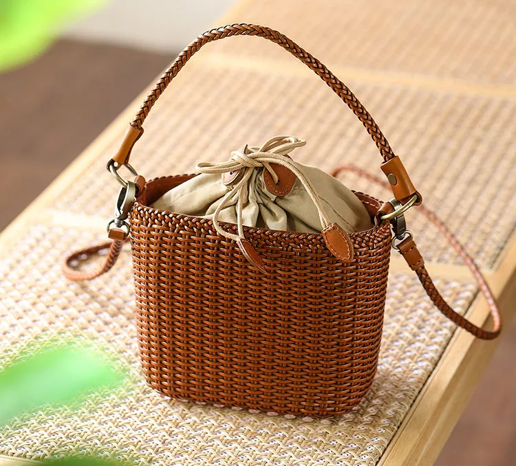 Womens Woven Genuine Leather Bucket Bags Top Handle Handbag
